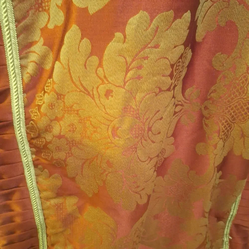 Damask Table Runner With Pleated Trim And Cord. 41 In X 24 In. Red And Gold